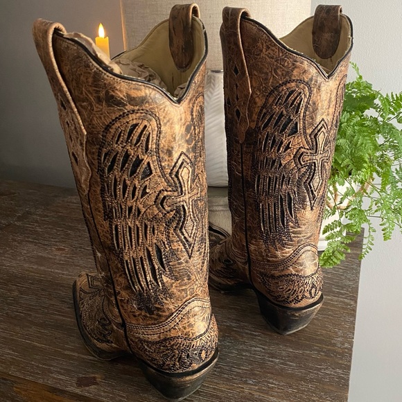 CORRAL Distressed Leather Cross Wings Glitter Cowgirl Cowboy Western Boot 8 Tan - Picture 6 of 16
